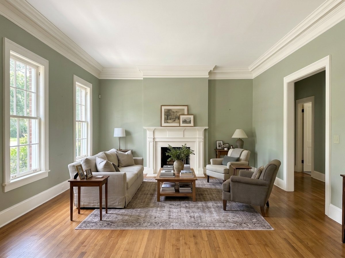 The same living room after painting, sage walls with crisp white millwork