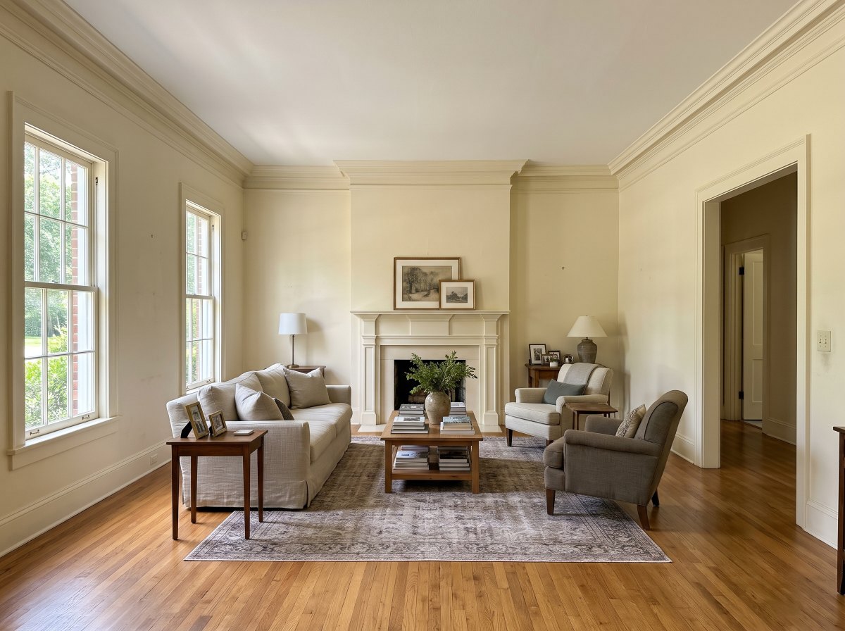 A living room before painting, walls and millwork in one tired cream